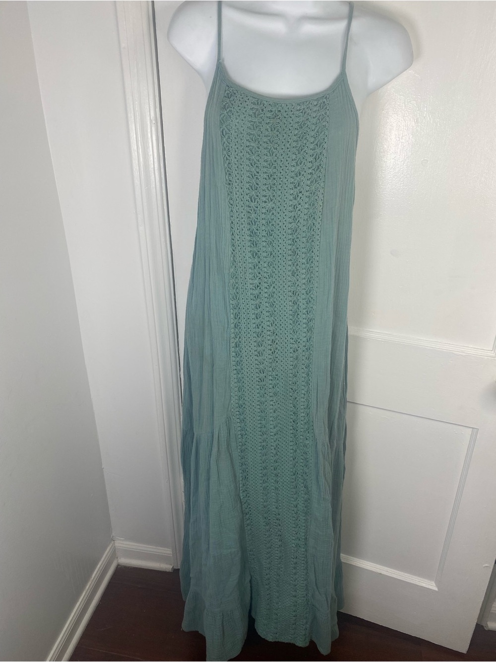 EARTHBOUND Sage Blue Green Crocheted Maxi Skirt